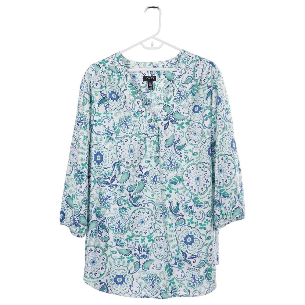 Jones New York Top 2X Green Blue Floral Linen Blend 3/4 Sleeve V-Neck Casual